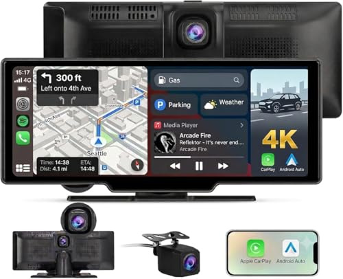 AWESAFE 10.26 Pulgadas Pantalla Coche con Carplay Android Auto, Pantalla Táctil con 4K Dashcam, 1080P Cámara Trasera Incluida, Comandos de Voz, Bluetooth/GPS/FM/AUX/MirrorLink