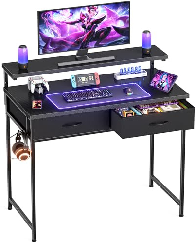 HOMIDEC Gaming Desk with Adjustable Monitor Stand, Computer Office Desk with 2 Storage Drawers, Gaming Table with Headphone Hook, Carbon Fibre Surface, for Gamers, Workers and Students, Black, 80cm