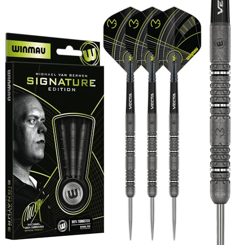 WINMAU – Michael Van Gerwen MvG Signature Edition – 90 % volfram – professionella dartset med dartflygningar och stjälkar (axlar) – finns i mjuk spets 18 g och stålspets 22 g, 23 g och 24 g