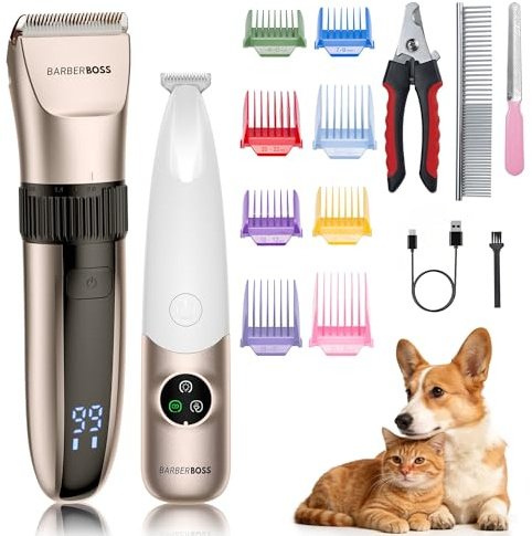 BarberBoss Tondeuse de toilettage sans fil pour chien, Imperméable, lames en céramique, écran LED, charge rapide, tondeuse électrique à faible bruit pour chiens (Champagne et Blanc)