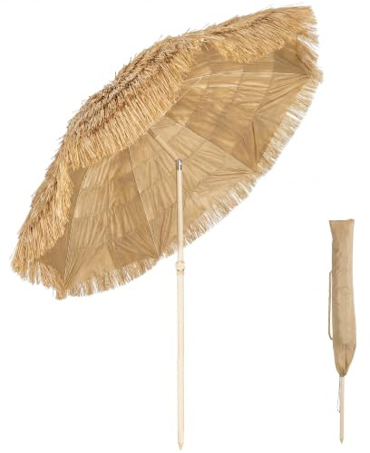 Outsunny Parasol de plage Ø 1,85 m Grand Inclinable Style Hawaïen Kaki | Hauteur du Mât Réglage, 8 Baleines, Sac de Transport Inclus, Jardin Extérieur
