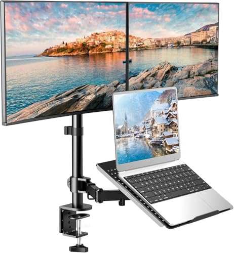 HUANUO Laptop Mount, Height Adjustable Dual Monitor Mount with Laptop Keyboard Tray Fit Two 13 to 27 Inch Flat Curved Computer Screens and 10 to 17 Inch Notebooks Gaming