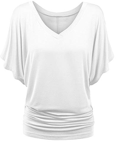 TIMEMEAN Femme Blouses Chemise à Manches Chauve-Souris Et Ourlet Replié Tunique De Couleur Unie à Manches Courtes Et Col en V De Grande Taille