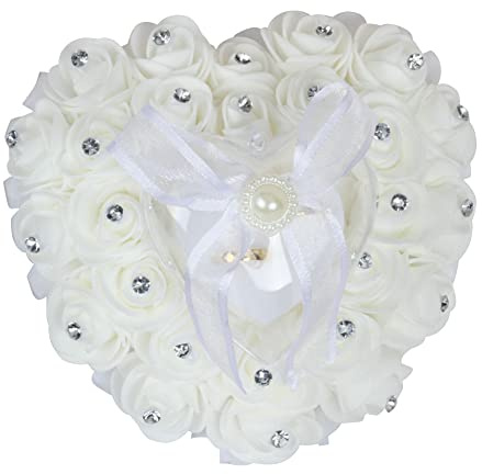 Surakey Blanc Coussin Porte-alliances en Forme de cœur Boîte à bagues de Mariage personnalisée Romantique Roses et Ruban Boîte à alliances Porte-Bijoux pour Mariage, Plastique, Blanc