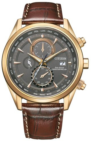 CITIZEN Herren Eco-Drive Solar-Chronograph funkgesteuert mit Echtleder-Armband und ewigem Kalender - Radio Controlled - AT8263-10H