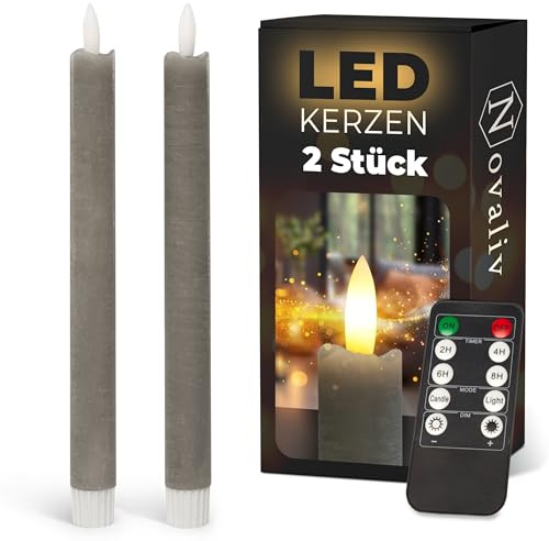 Novaliv avsmalnande ljus LED med timer brungrå uppsättning av 2 inomhus med timerfunktion 6 timmar äkta vax 23 cm höjd för ljus 2,2 cm diameter 2 AAA-batterier LED avsmalnande ljus flimrande flamma