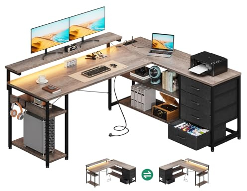ODK Schreibtisch mit Schubladen, 155×110cm Reversible Eckschreibtisch mit 2 Steckdosen und 2 USB Ladeanschluss, Bürotisch L Form mit LED für Home Office, Graue Eiche