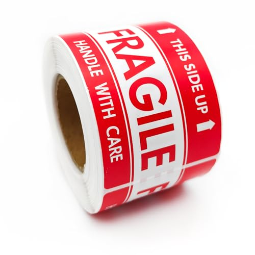 300 etiquetas adhesivas frágiles para cajas de embalaje de 5 x 7,6 cm. Etiqueta de advertencia roja lateral hacia arriba, mango de etiqueta frágil con cuidado, adhesivo fuerte