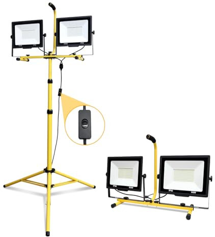 PICAA LED Baustrahler mit Stativ 2x 100W(200W) Kaltweiß Bauscheinwerfer, LED Fluter Arbeitsscheinwerfer Wasserdicht IP66 für Garage, Garten, Baustelle