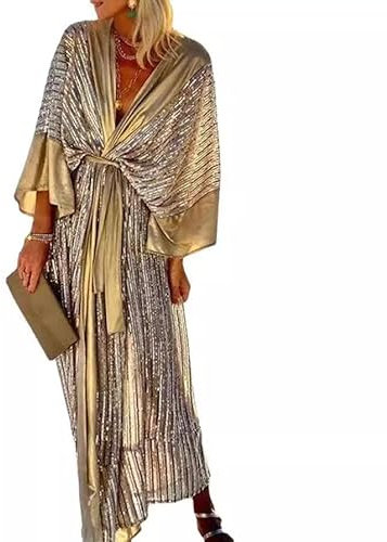 ThiCc Women's Shiny Kimono Midi Dress - Summer Elegant Vacation Beachwear Mid-Sleeve Cardigan Bathing Suit Swimwear Bikini Cover Up Party Cocktail Wedding Guest Sarongs (Gold,XL)