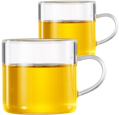 PARACITY Glass Tea Cups Set of 2, 4.3oz Clear High Borosilicate Glass Teacups with Handle, DIshwasher Safe Tea Cup for Espresso Cappuccino Latte Juice