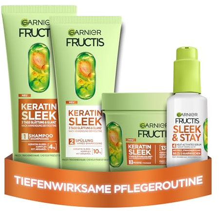 Garnier Fructis Keratin Sleek Pflegeset mit Shampoo, Spülung, Maske und Serum, Mit Arganöl und Keratin-Sleek Komplex für trockenes und zu Frizz neigendes Haar