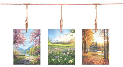 QUARKZMAN Cavo in Acciaio per Appendere Foto al Muro con 12 Clip a Coccodrillo, 5Ft Asta Regolabile per Appendere Cornici Foto Collage Decorativo da Muro per Cartoline Arte Oro Rosa