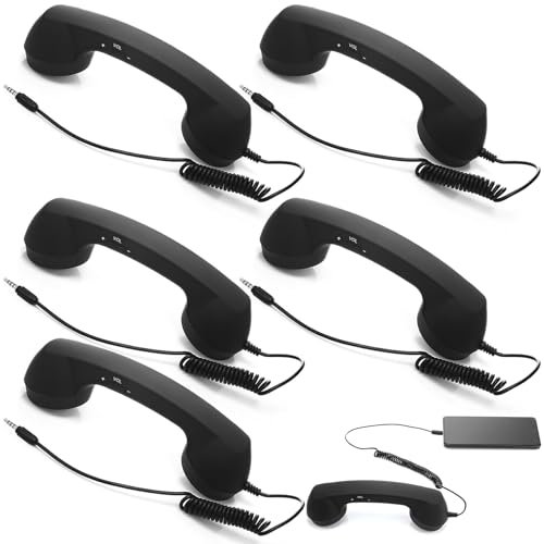 Kingdder 6 Pack 3. 5mm Retro Telephone Handset Bulk Old School Cell Phones That Look Like Home Phones Black Vintage Telephone Receiver to Landline Adapter with Answer/Volume Control for Mobile Pad