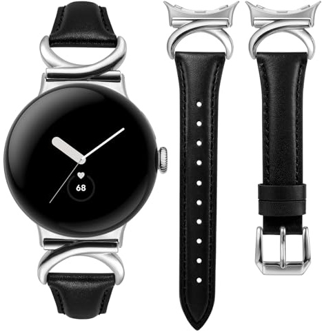 TOYOUTHS Lederarmband Kompatibel mit Google Pixel Watch 4/3 41mm/Pixel Watch 2/1 Damen, Schlank Luxus Elegant Dressy Leder Armbänder mit C-förmiger Schnalle, Schwarz/Silber