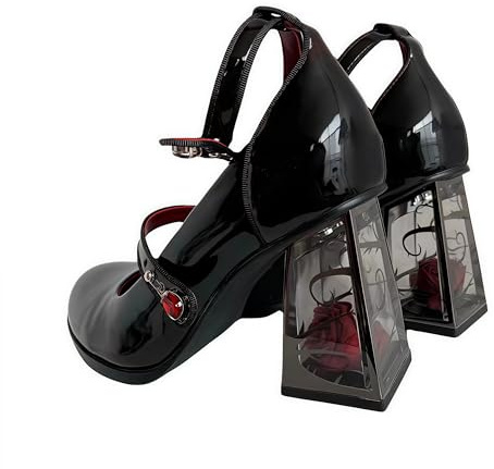 Mary Jane Plateau-Schuhe für Damen - Süße Gothic Lolita Pumps mit Knöchel-Design, Lacklederabsatz