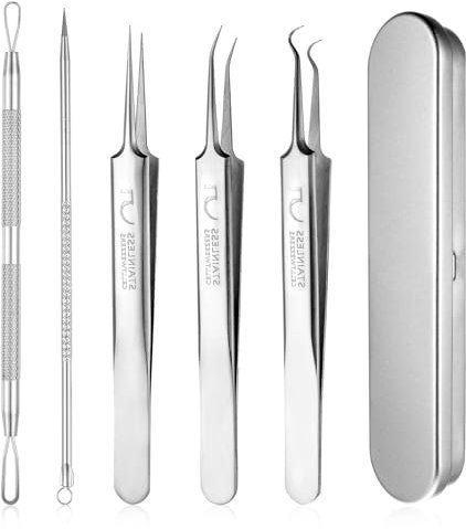 5 Stück Mitesserentferner Pinzetten Clip Set Komedonenquetscher Ausdrücken Werkzeug Blackhead Remover Pickel mit Metall-Box für Nase Augen Gesicht Mädchen Frauen Schönheitspflege