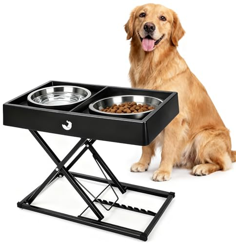 Joytale Support Métallique Réglable pour Gamelle Chien Surélevée (22-45cm) - Distributeur Lourd avec 2 Bols INOX, Station Anti-Dérapante et Anti-Renversement pour Chiens Moyens/Grands