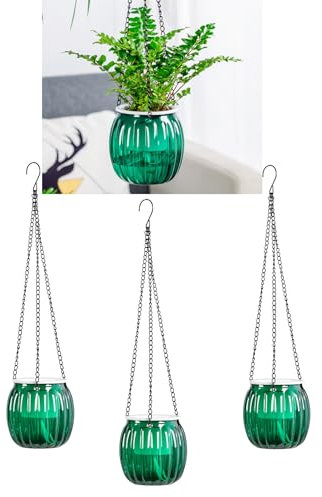 Meicynhoger Lot de 4 Pots de Fleurs Suspendus Vintage,10.5cm Jardinieres Balcon - Pot Auto Arrosant Transparent avec Crochets pour Intérieur Extérieur, Table, Mur,Terrasse et Jardi Vert