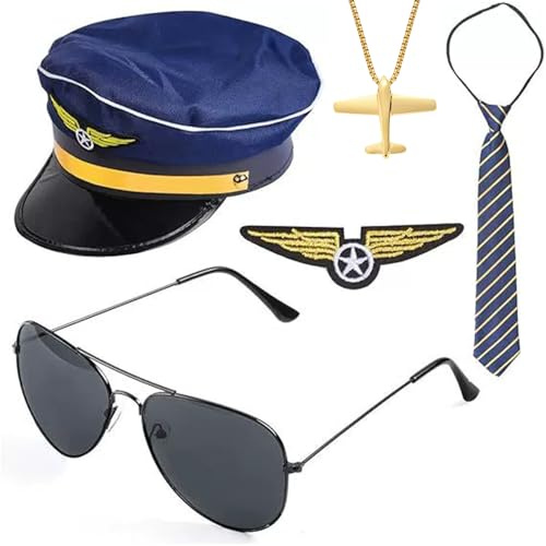 TOEECY Set Accessori Costume Capitano Pilota Uomo Cappello da Pilota, Distintivo, Cravatta, Cinghie, Occhiali Sole perfetto per Feste Maschera e Cosplay Uomini Adulti