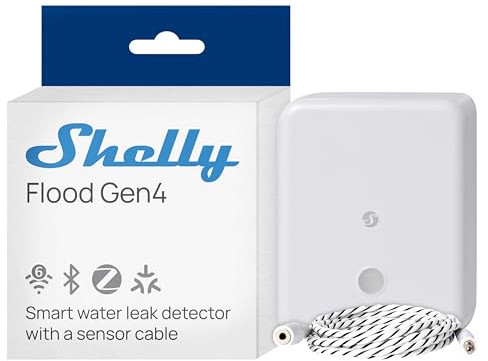 Shelly Flood Gen4 - Smart Matte Water Sensor with Leak Sensor Cable, IP44, Flood & Rain Detection, Adjustable Alarm Levels, Leak Detection, Timer Switch, Alexa, Google Home & Zigbee