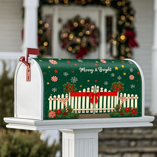 Valla magnética para buzón, bastón de caramelo, copo de nieve, Navidad, color verde, para decoración de patio exterior, 45,7 x 53,3 cm