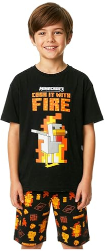 Minecraft Corto Pigiama Ragazzo, Morbido Pigiami Estivi Bambino con Maglietta e Pantaloncini, Abbigliamento Notte, Regalo Ragazzo (11-12 Anni, Nero/Arancione, Confezione da 1)