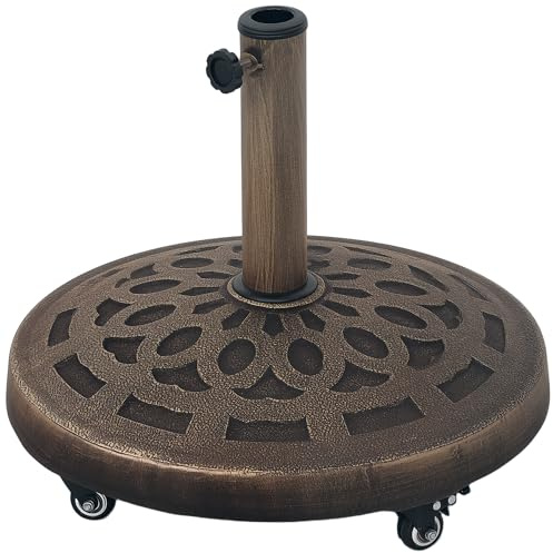 Outsunny Base per Ombrellone Rotonda da Giardino con Ruote, Base per Ombrellone in Resina da 21 kg, Supporto Robusto per Pali da 32mm/38mm/48mm per Esterni, Bordo Piscina, Bronzo