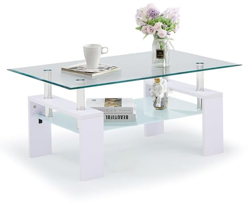 TUKAILAi Rectangle Clear Glass Coffee Table Modern Side Table with Lower Shelf Chrome and MDF Support Living Room Guest Reception Room Table White