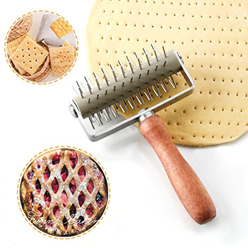 Stainless Steel Dough Docker with Wood Handle - Time-Saver Pizza Roller Docker, Bread Pin Puncher, Pizza Wheel for Pie, Pastry, Bread Dough
