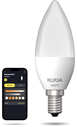 Klyqa E14 White WLAN Lampe I Smarte & kerzenförmige Glühbirne I Kompatibel mit Smart Home Lösungen & Sprachassistenten I Dimmbar via App I Schmaler Fuß I Helle Lampe mit 470lm.
