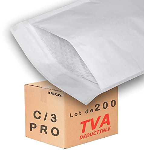 Jeco - Lot de 200 enveloppes à bulles d'air taille C/3 int. 150 x 215 mm pochettes matelassées kraft blanc d'expédition PRO
