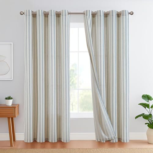 TOPICK Linen Striped Curtains Blue Stripes with Eyelets Ticking Pattern Look Light Filtering for Living Room Pinstripe Curtain Opaque 2 Pieces 130 x 245 cm,