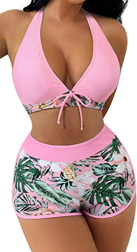 FEOYA Women’s Two Piece Swimsuit Halter Neck Top with Boy Shorts Swimwear Push Up Two Piece Tummy Control Swim Shorts Bikini Top Bathing Suits A18 XL