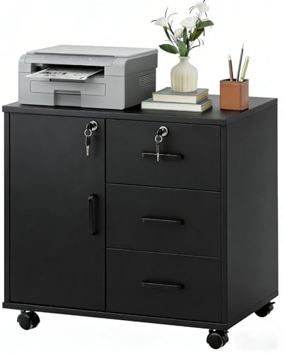 LEMROE Black File Cabinet with Lockable Cabinet 3 Drawer, Office Under Desk | Lateral Printer Stand with Wheels and Door, Wooden Mobile Filing Unit on Wheels, Storage Cupboard for Home Work Study