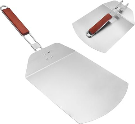 CheurYae Pizza Peel Stainless Steel Pizza Paddle with Foldable Wood Handle, 12 Inch Metal Tray Pizza Shovel for Baking Homemade Pizza Pastries, Dough, Bread