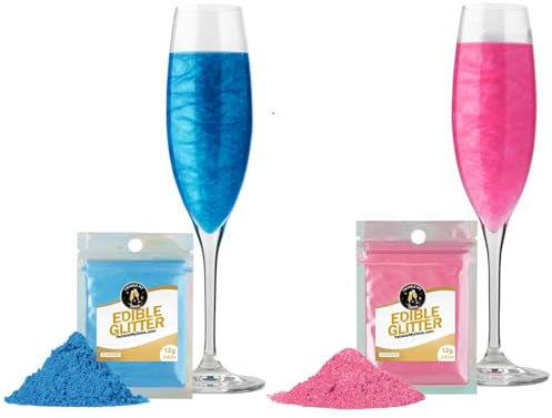 Twinkle my Drink® Paillettes comestibles pour boissons Bleu & Rose, Décoration de fête pour la révélation du sexe, Paillettes comestibles pour vin mousseux et spiritueux, 12g pour plus de 120 boissons