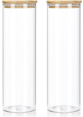 Lot de 2 bocaux de conservation en verre avec couvercle en bambou, 1400 ml, boîtes à spaghetti de cuisine hermétiques, en verre borosilicate renforcé