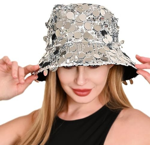 Shiny Sequined Bucket Hat for Women Glitter Bling Disco Hat Sparkle Party Rave Fisherman Cap Fashion Outdoor Beach Sun Hats Silver