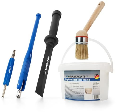 HASKYY Reifenmontage Set Montagepaste 5 kg Weiß mit Pinsel 22cm, Ventileindreher, Reiniger Schaber und Ventileinzieher - Universal Set ideal für Reifen Montage- & Demontage