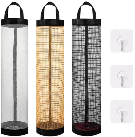 TRKETK 3 Piezas Soporte de Bolsa de Plástico, Estante de Malla Transpirable Bolsas de Almacenamiento Plegables de Malla con 3 Ganchos Porta Bolsas de Basura Dispensador de Bolsas de Plástico