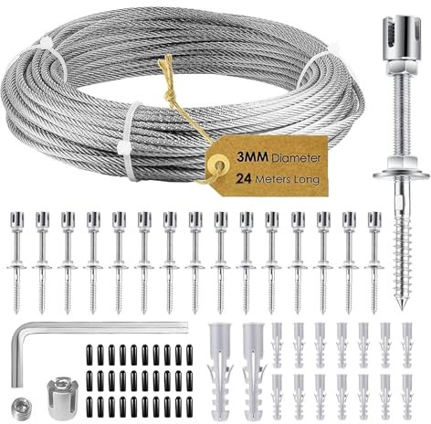 Caossuixin Tuteur en métal Treillis pour Plantes Grimpantes, Accroche Plante (24 m x 3 mm, 16 supports) - En Acier Inoxydable Robuste - Avec 12 Supports Muraux et Câble Métallique de 24 m