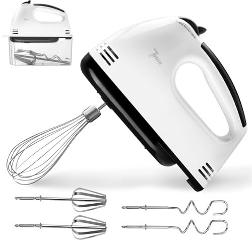 BORDEAG Handmixer, Elektrisch, 7 Stufen, 2 Mix-Rührbesen, 2 Teighaken, Edelstahl, Weiß