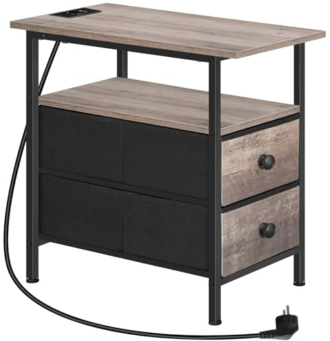 HOOBRO Sidobord med laddningsstation, smalt sidobord, nattduksbord med 2 lådor i nonwoven-material, kompakt soffände, för litet utrymme, vardagsrum, greige och svart EBG486CBZ01