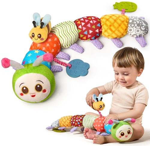 TUMAMA KIDS Juguetes para Bebé 0 3 6 Meses Juguete Oruga, Juguete Sensorial Montessori, Juguete para Bebé Niña Tummy Time, Juguete de Peluche con Sonajero，Anillo para la Dentición, Papel Arrugado