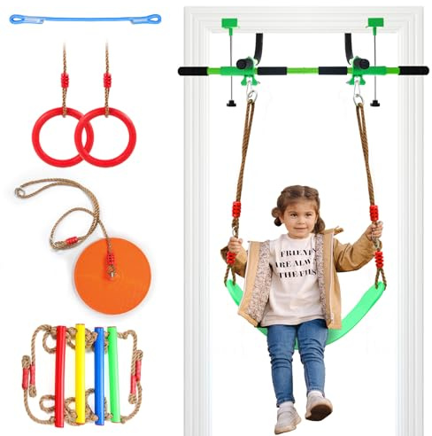 Doorway swing mount for Kids & Door Pull Up Bar for Adults, Indoor Kid Swing with 4 Accessories, Multi-Function Doorway Gym, Fits Door Frame 24.41-30.51'' W x 3.94-6.69'' Thickness (Green)