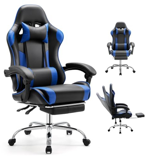 DUMOS Ergonomic Gaming Office Desk Chair with Linkage Armrests for Adults, Height Adjustable Computer Chair with Footrest and Headrest, PU Leather 360° Swivel Recliner with Lumbar Support, Deep Blue