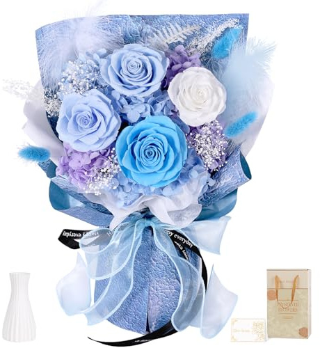 Preserved Flowers Bouquet Delivery, Real Blue Roses, Gifts for Women Men | Forever Eternal Roses, Built-in vase, Gift Box&Card, Birthday Gifts for Mum Grandma Wife Girlfriend Her , Anniversary Present