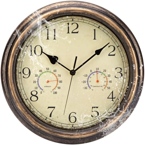 ACCSHINE 30cm Orologio da Parete Impermeabile per Esterni - con Termometro e Igrometro Orologio da Parete Senza Ticchettio Silenzioso Quarzo a Batteria Grande Deco da Giardino (Bronzo dorato, 30cm)