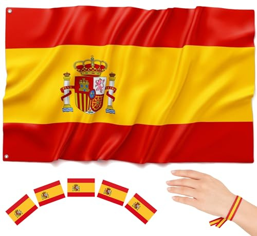 BIORYC® Bandera España Exterior 150x90 cm. Bandera Poliéster Reforzado 110g/m² y 2 Ojales de Metal. Para Balcón, Jardín. Incluye: Pulsera Bandera de España y Pegatinas. Mundial 2026 (SP_W)